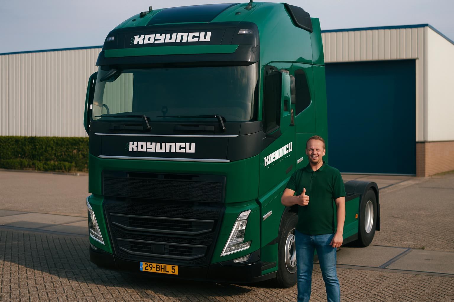 Chauffeur van Koyuncu Transport bij zijn groene Volvo FH
