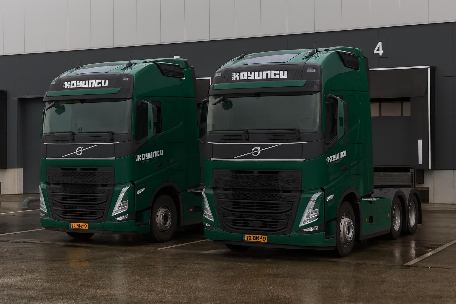 Vrachtwagens van Koyuncu Transport bij het distributiecentrum